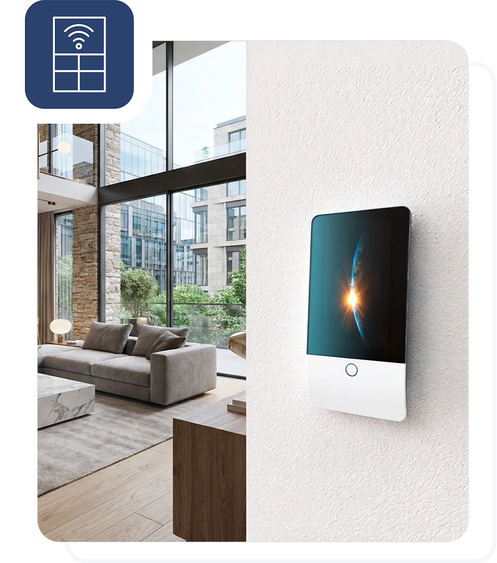 Alarmanlage mit Wand-Bedienpanel im Wohnzimmer montiert